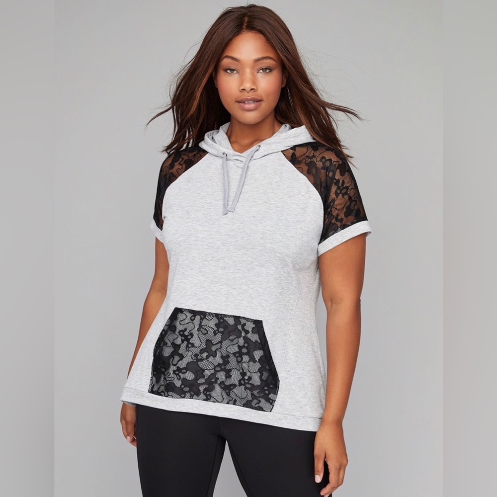 LB Livi Active Hooded Top Gray French Terry Black Lace 14/16
